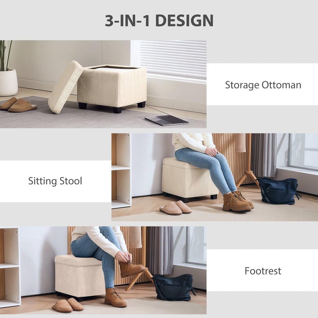 Storage Ottoman Bench, Corduroy Footstool with Removable Lid and Legs, Beige