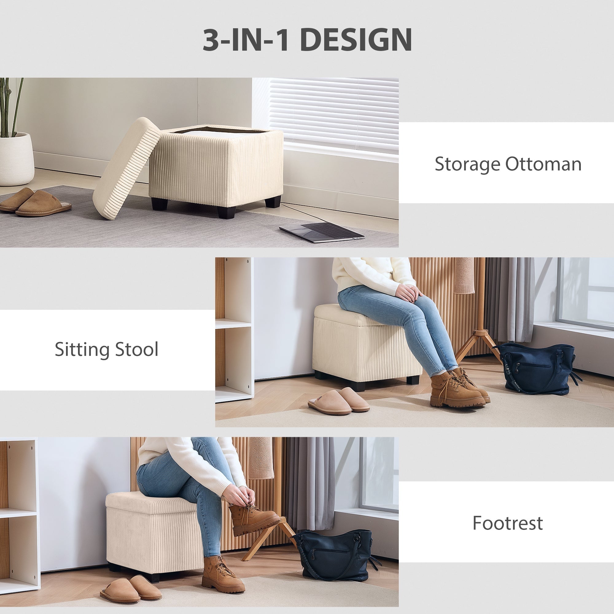 Storage Ottoman Bench, Corduroy Footstool with Removable Lid and Legs, Beige