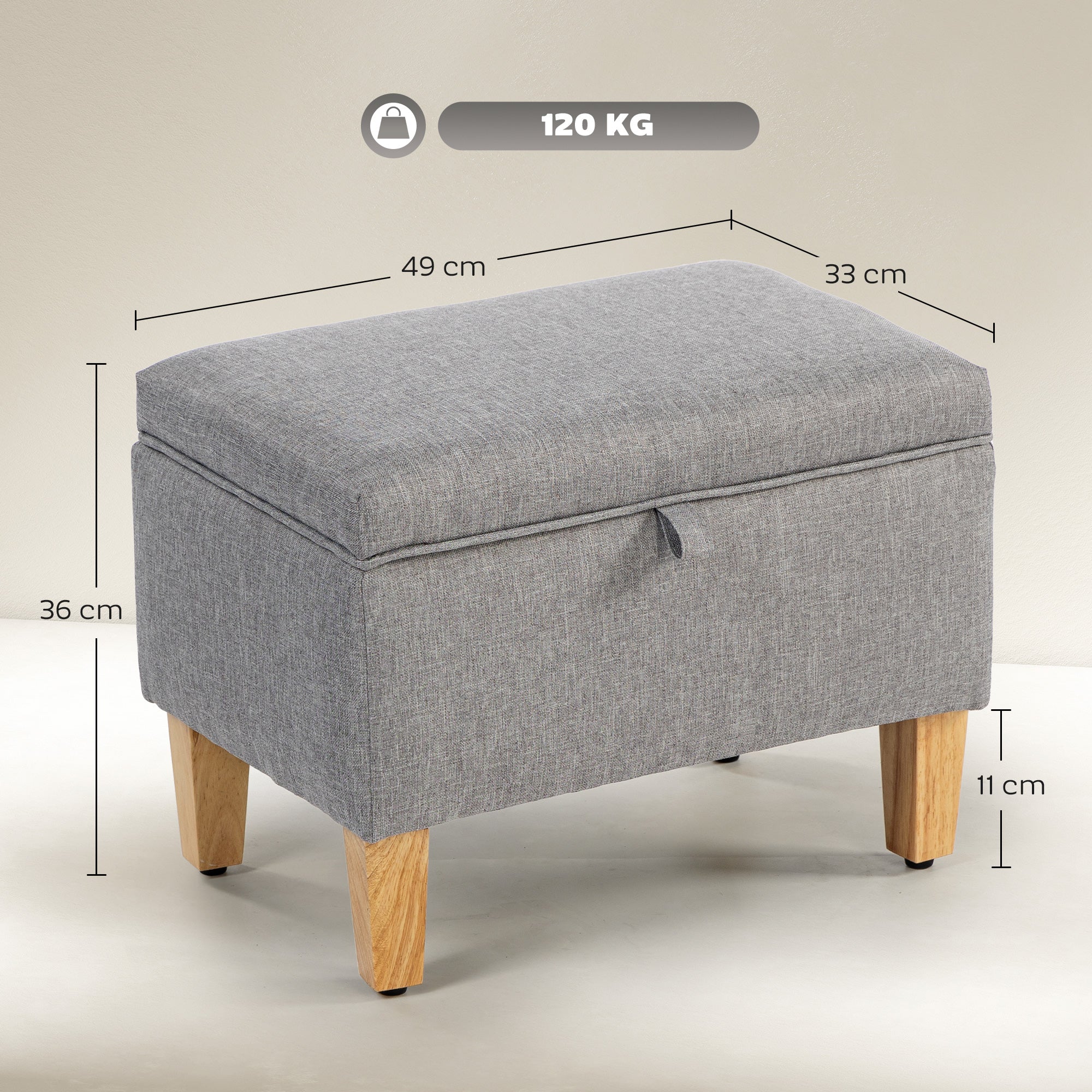 16L Linen Storage Ottoman Padded Footstool with Rubberwood Legs, Light Grey