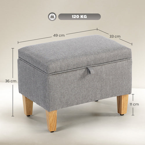 16L Linen Storage Ottoman Padded Footstool with Rubberwood Legs, Light Grey