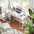 120cm Computer Desk with Power Outlets, Office Desk Study Table with 3 Fabric Drawers and 4 Storage Shelves, White White