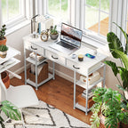 120cm Computer Desk with Power Outlets, Office Desk Study Table with 3 Fabric Drawers and 4 Storage Shelves, White White