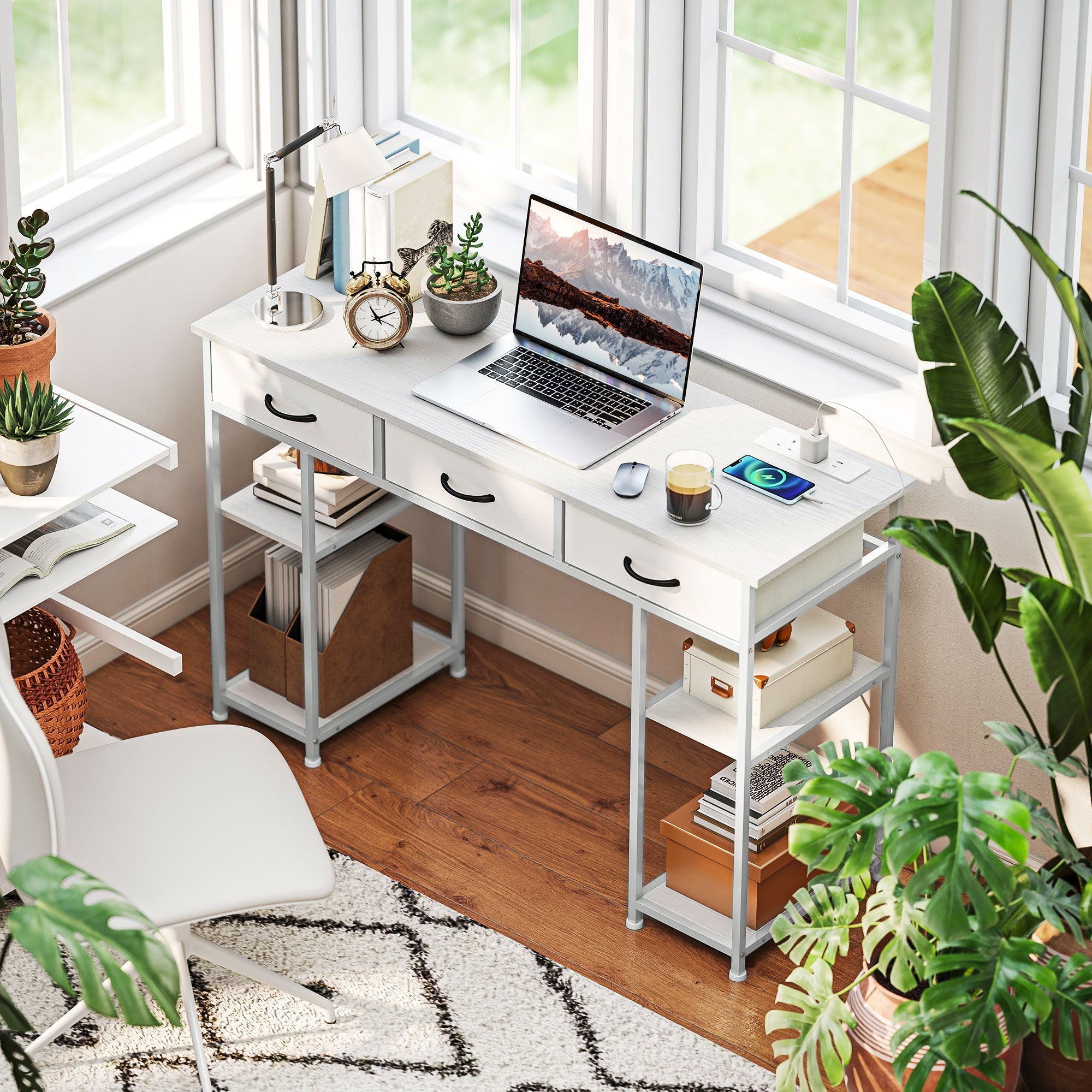 120cm Computer Desk with Power Outlets, Office Desk Study Table with 3 Fabric Drawers and 4 Storage Shelves, White White