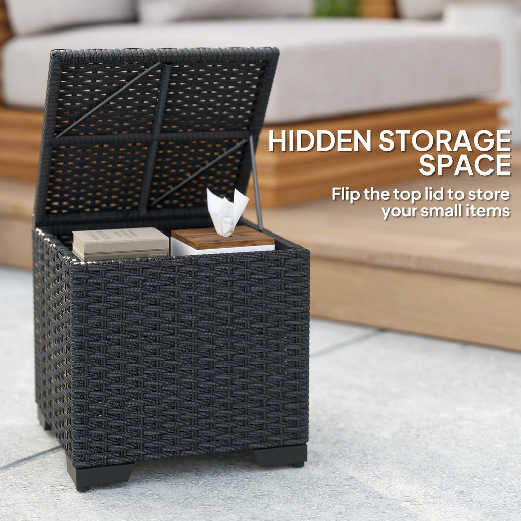 Set of 2 Rattan Storage Ottoman, Outdoor Footstool with Removable Cushions, Cream
