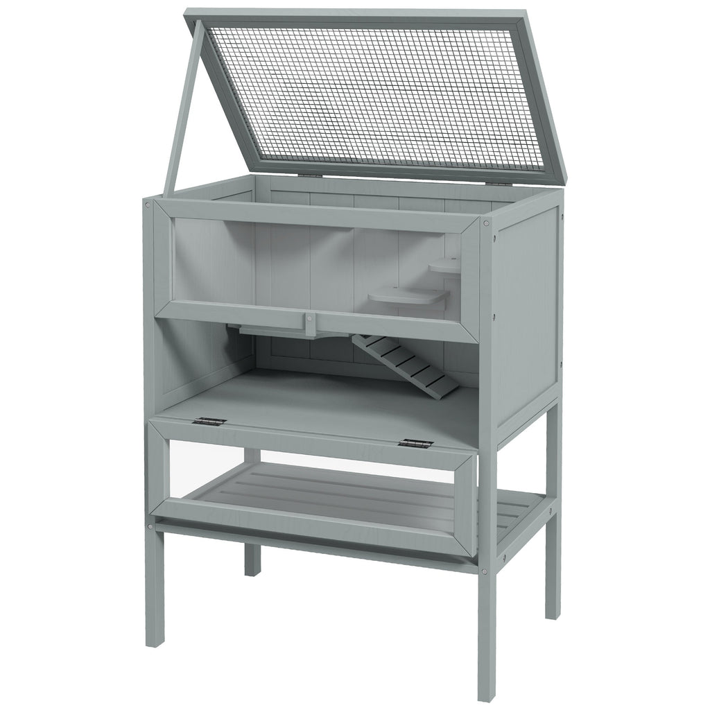 Wooden Hamster Cage w/ Storage Shelf, Openable Top for Gerbils, Grey in Grey