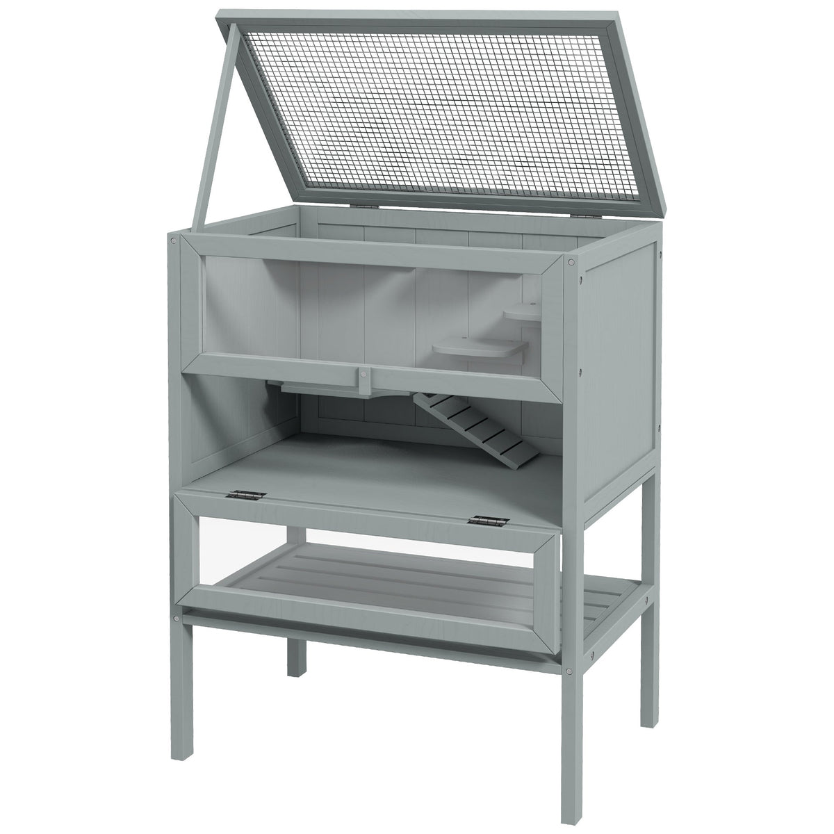 Wooden Hamster Cage w/ Storage Shelf, Openable Top for Gerbils, Grey in Grey