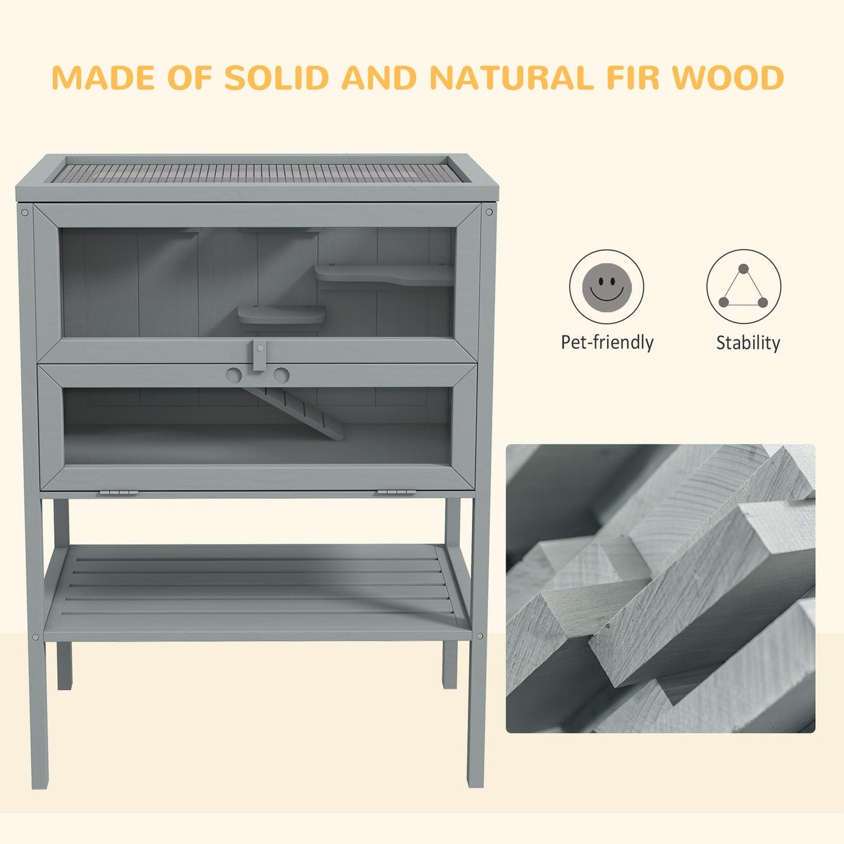 Wooden Hamster Cage w/ Storage Shelf, Openable Top for Gerbils, Grey in Grey