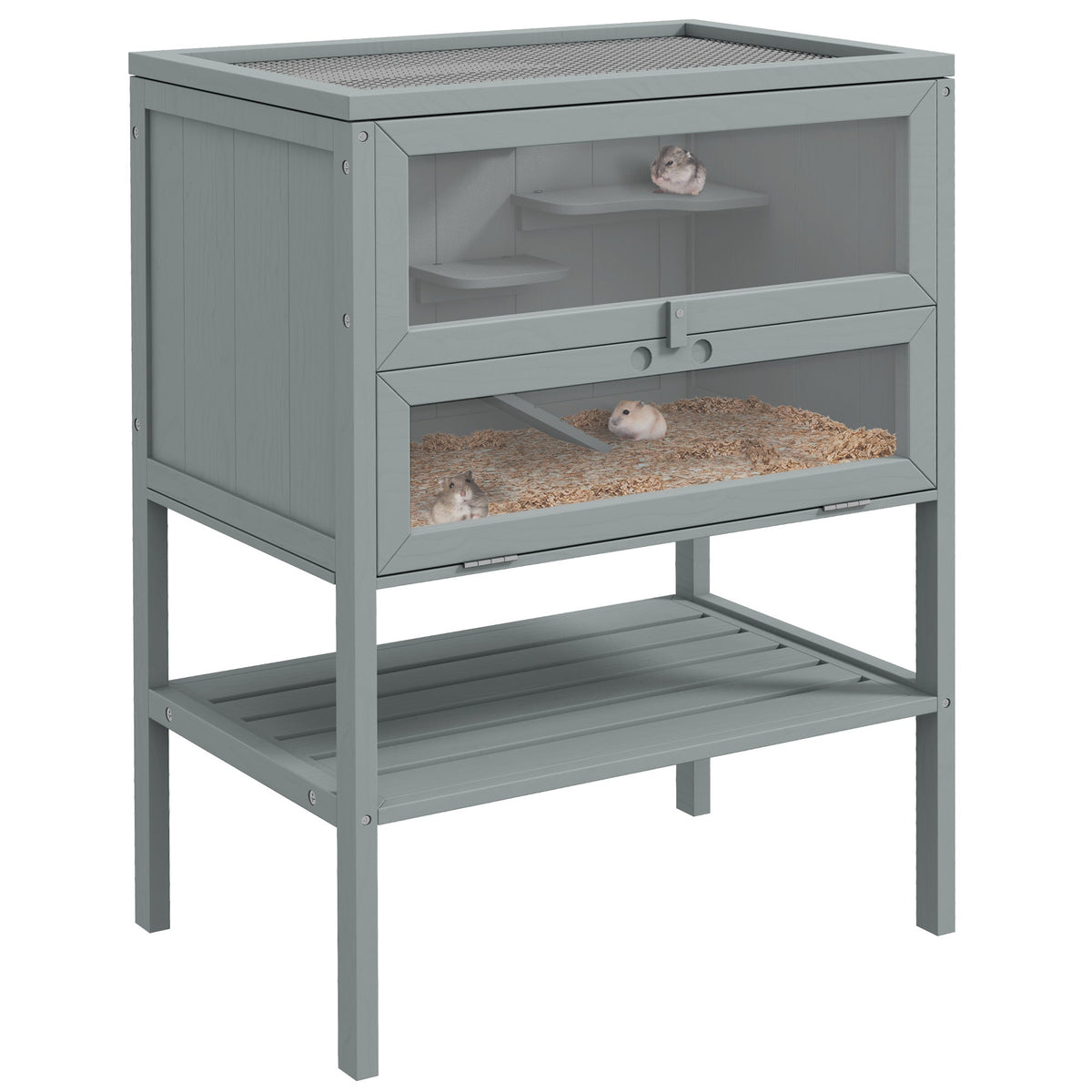 Wooden Hamster Cage w/ Storage Shelf, Openable Top for Gerbils, Grey in Grey