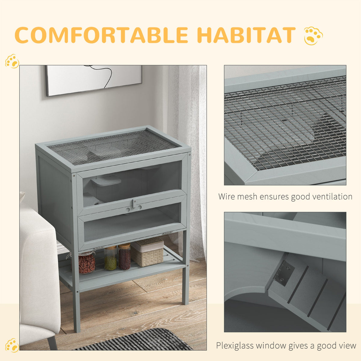Wooden Hamster Cage w/ Storage Shelf, Openable Top for Gerbils, Grey in Grey