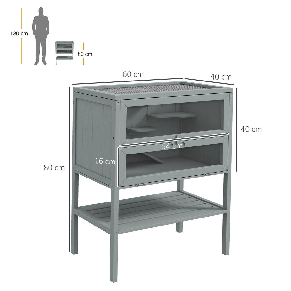 Wooden Hamster Cage w/ Storage Shelf, Openable Top for Gerbils, Grey in Grey