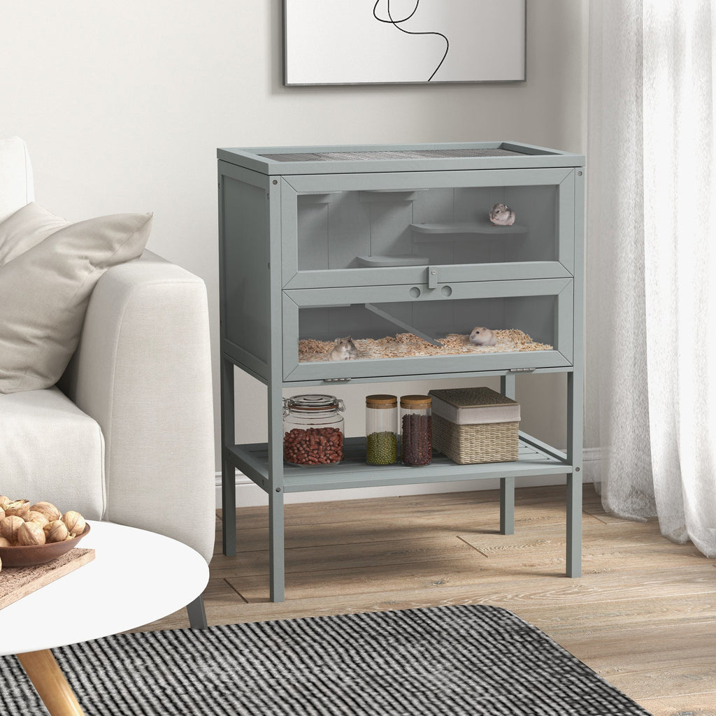 Wooden Hamster Cage w/ Storage Shelf, Openable Top for Gerbils, Grey in Grey
