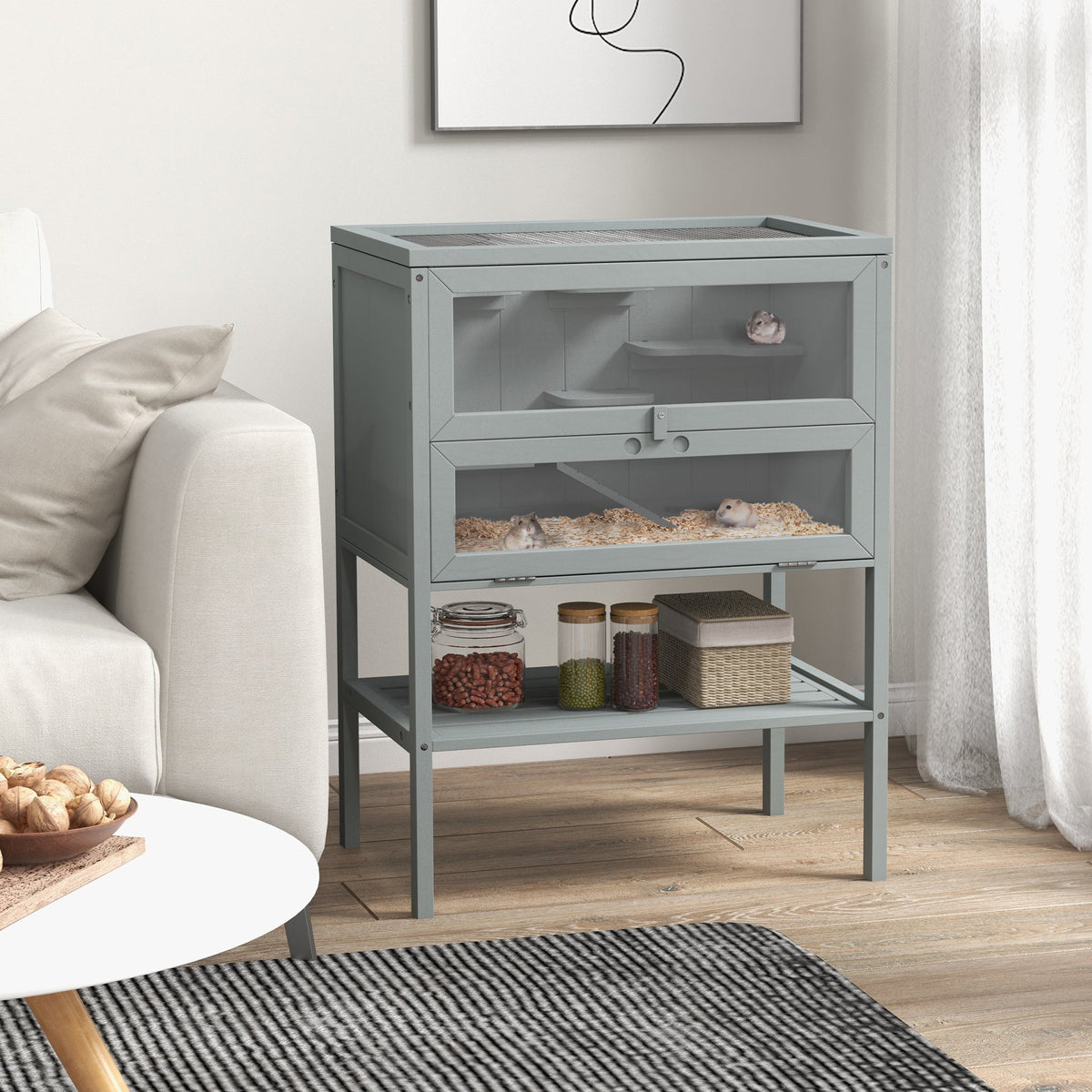 Wooden Hamster Cage w/ Storage Shelf, Openable Top for Gerbils, Grey in Grey