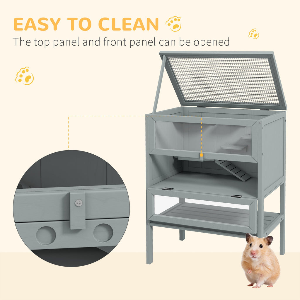 Wooden Hamster Cage w/ Storage Shelf, Openable Top for Gerbils, Grey in Grey