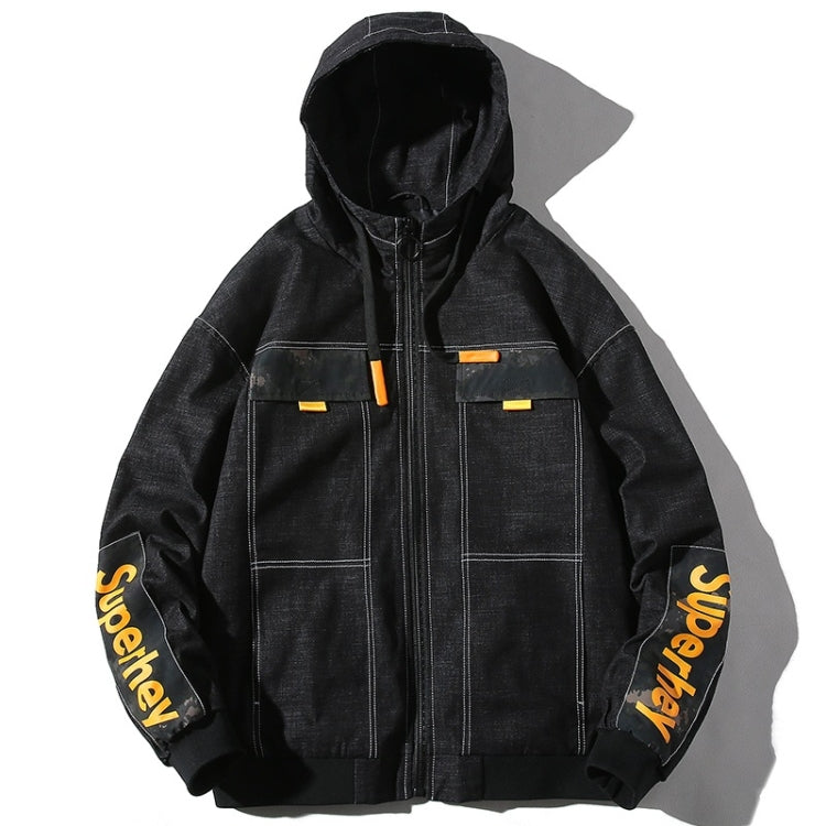 Hooded Casual Letter Print Tooling Denim Jacket for Men, M, L, XL, XXL, XXXL, XXXXL M Black