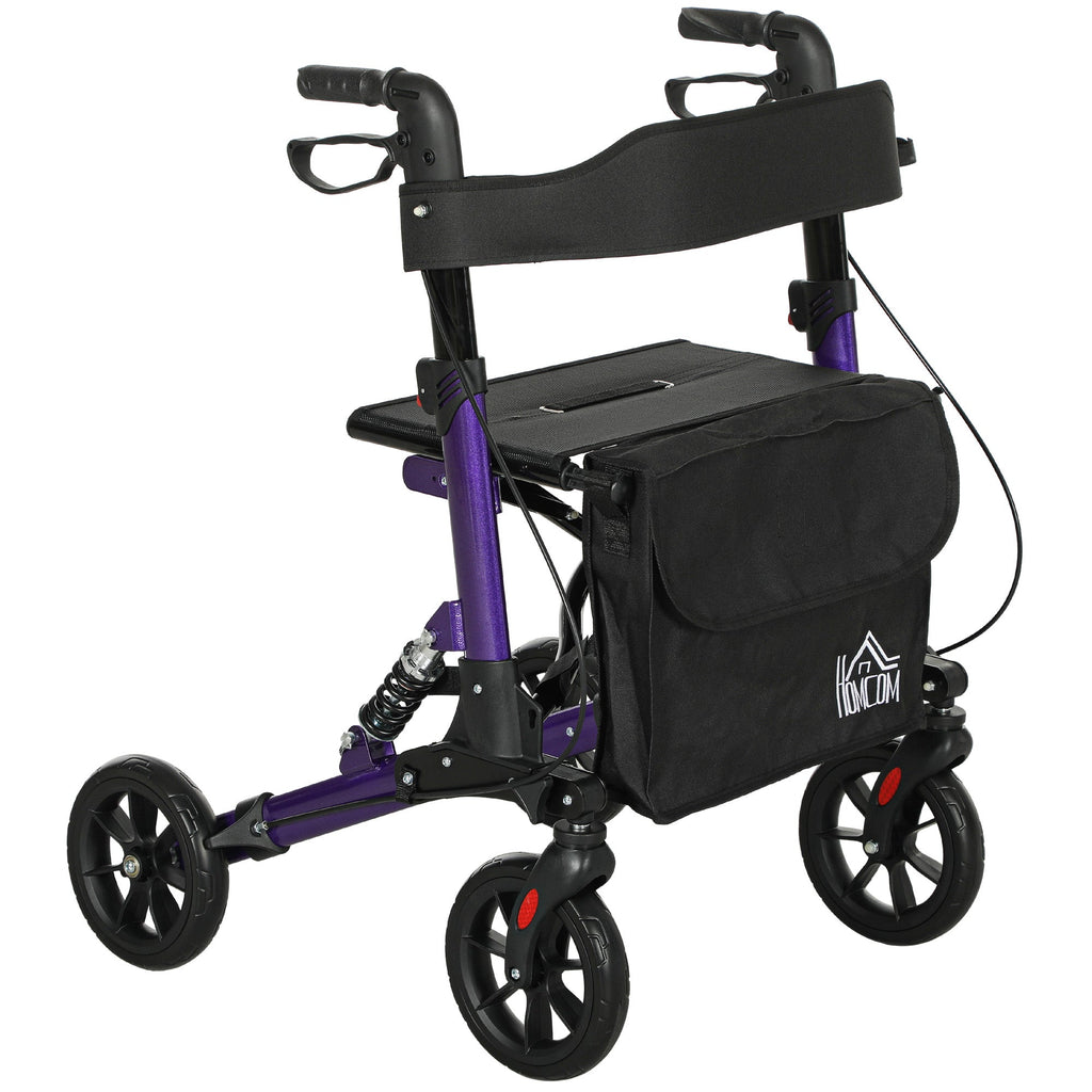 Folding Rollator Walker with Seat, Backrest, Bag, 4 Wheels Purple