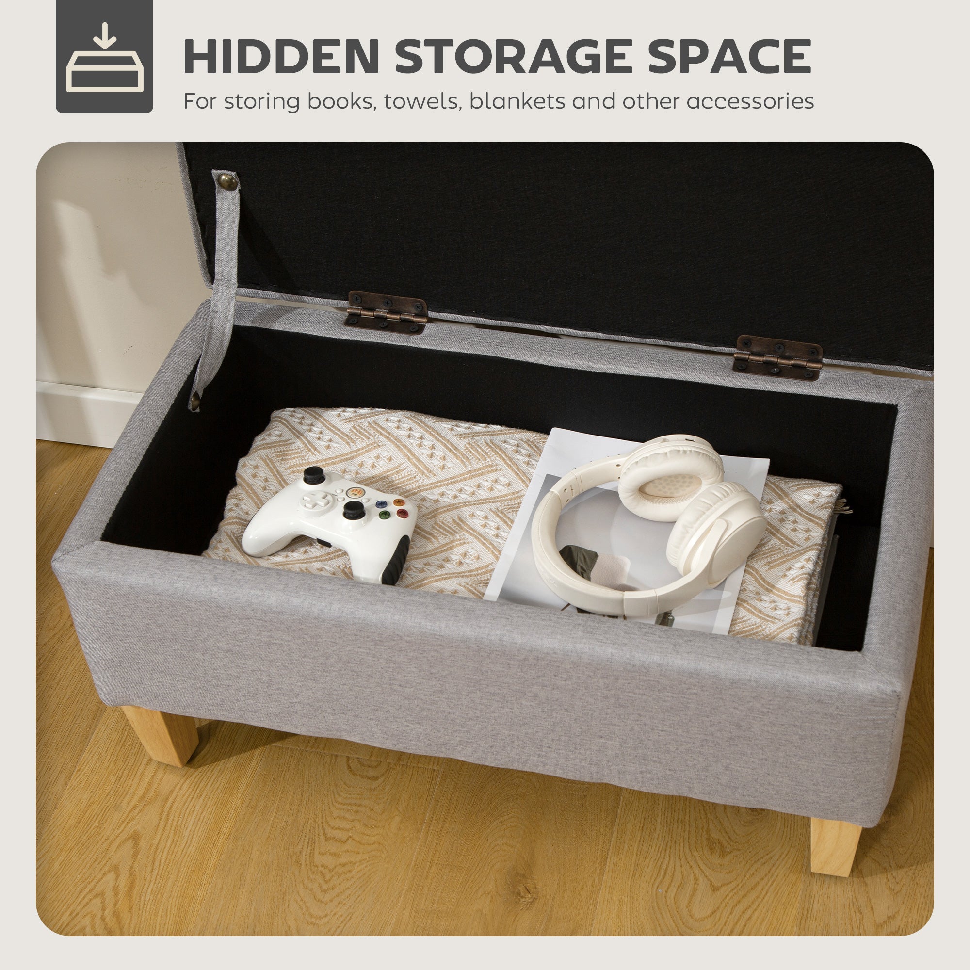 30L Linen Storage Ottoman Padded Footstool with Rubberwood Legs, Light Grey