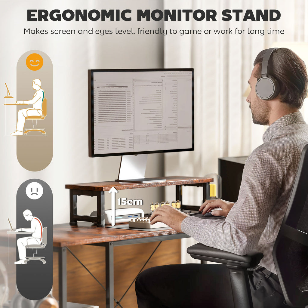 168cm Reversible L Shaped Desk, Industrial Corner Computer Desk with Adjustable Shelf and Storage Bag, 240cm 2 Person Desk with Monitor Stand, Rustic Brown