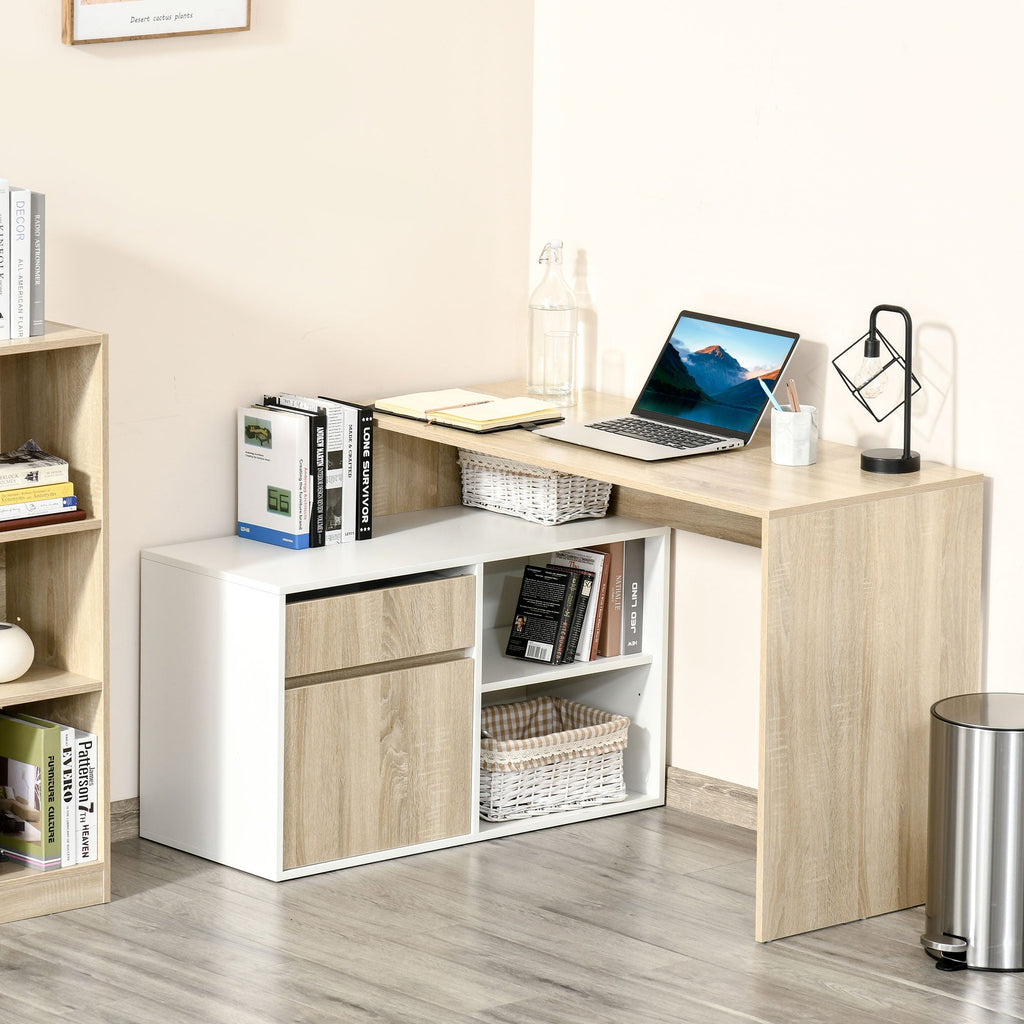 L-Shaped Desk, Corner Computer Desk with Storage Drawer, Adjustable Shelf, Cabinet for Home Office and Study, 120 x 92 x 75cm, Oak and White
