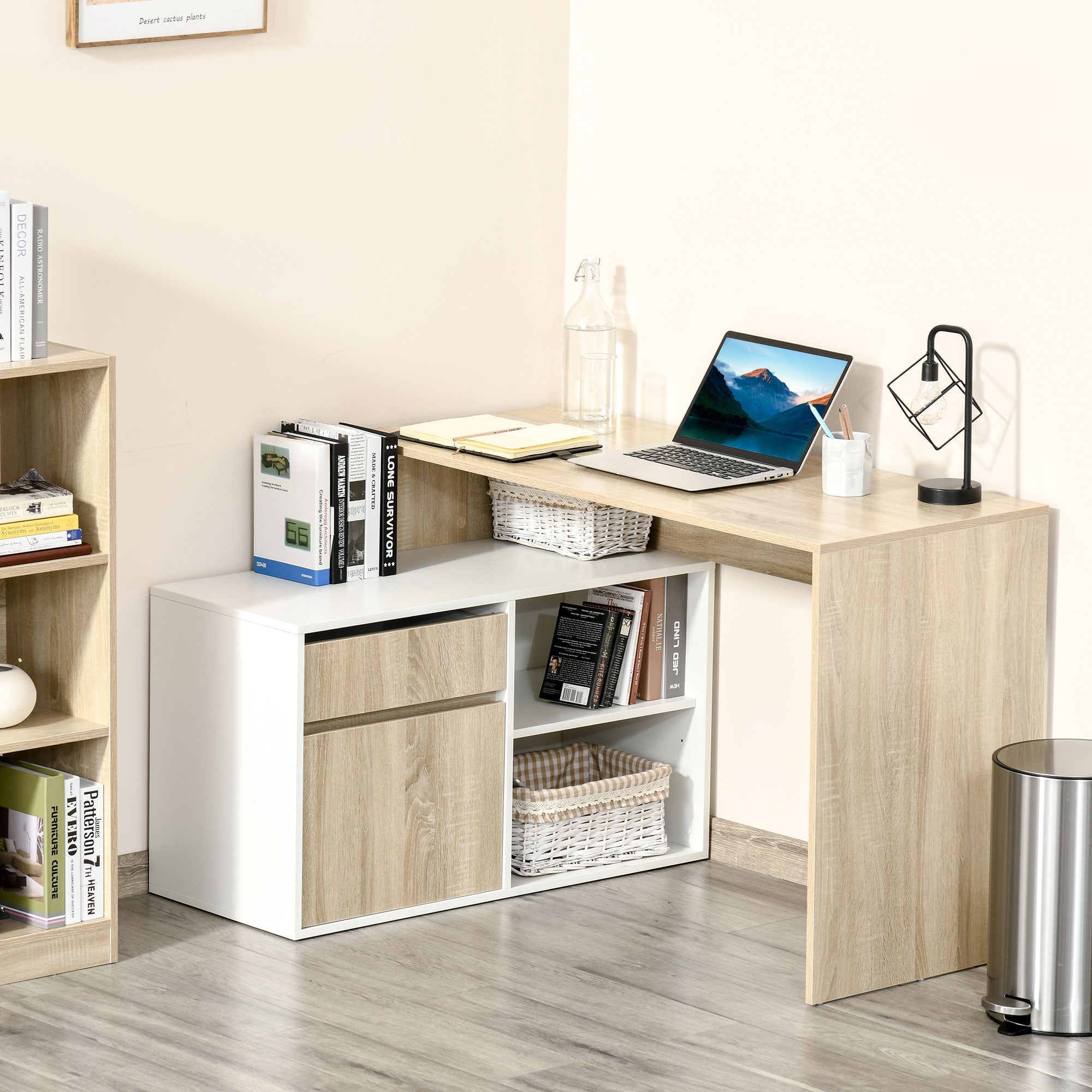 L-Shaped Desk, Corner Computer Desk with Storage Drawer, Adjustable Shelf, Cabinet for Home Office and Study, 120 x 92 x 75cm, Oak and White
