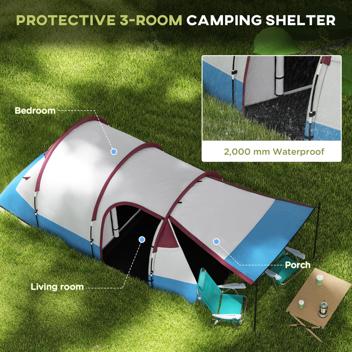 2-3 Man Camping Tunnel Tent with Bedroom and Living Room, Red