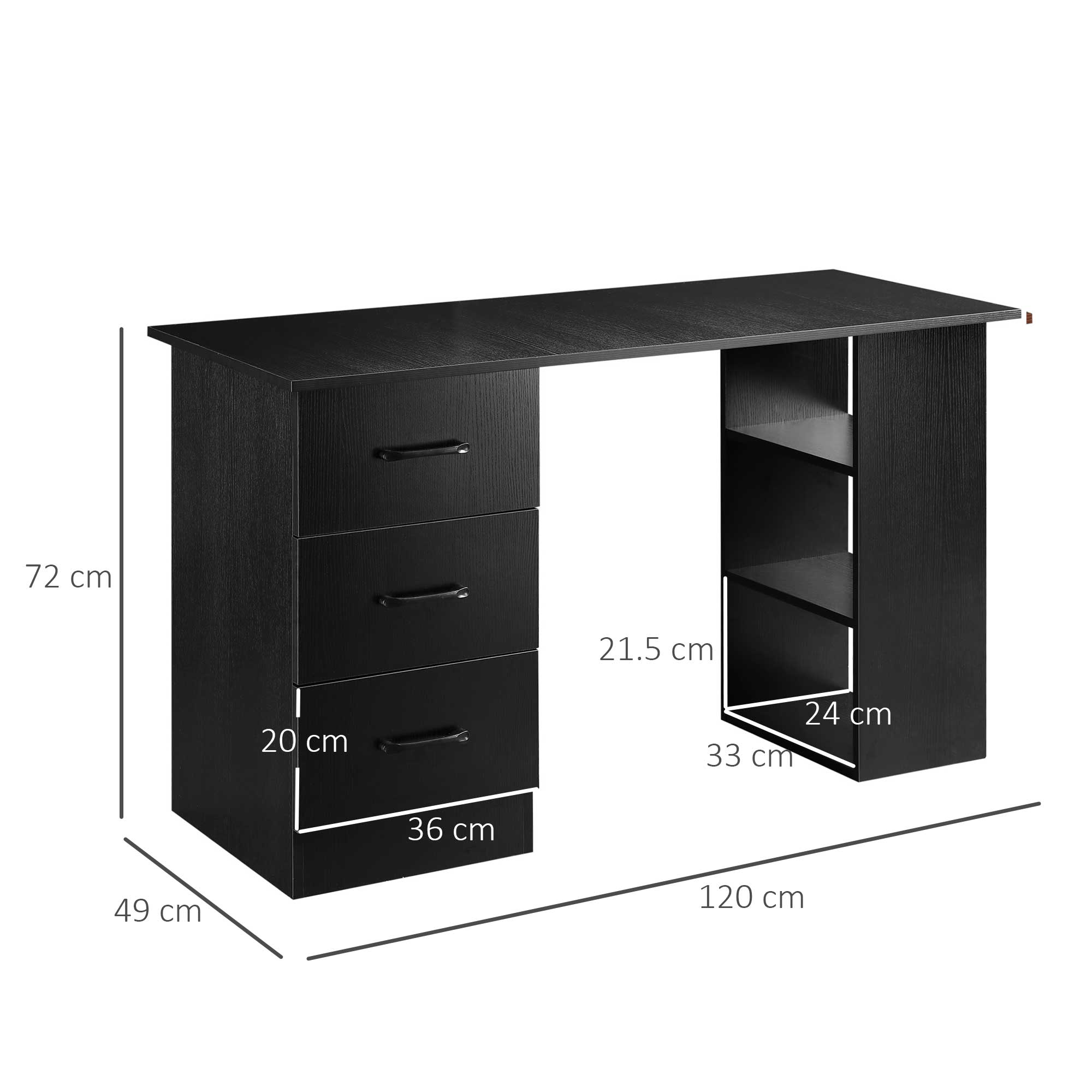 Computer Desk, Writing Table, PC Workstation with 3 Storage Shelves and Drawers, Black Handle, for Home Office, Black
