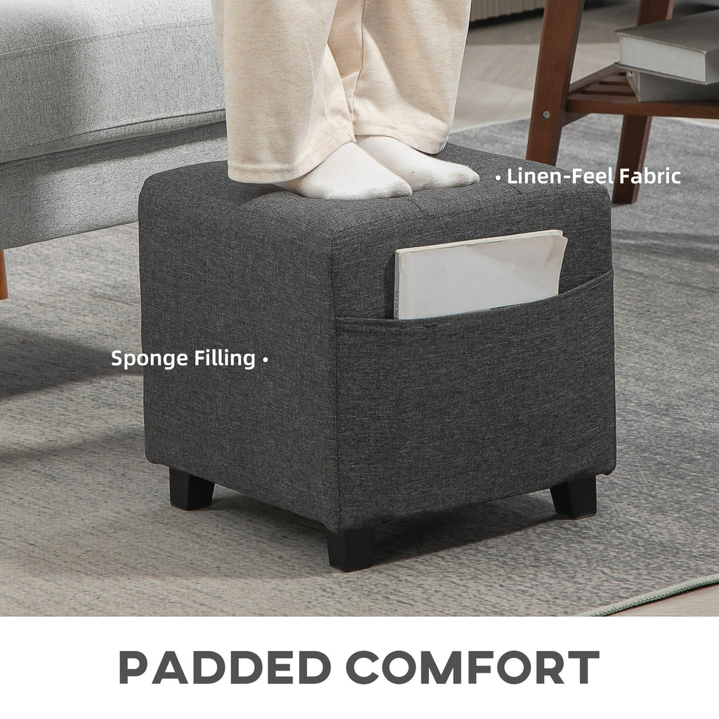 Square Footstool, Small Ottoman with Side Pocket, Linen Fabric Footrest with Rubber Wood Legs and Padded Seat for Living Room, Bedroom, Entryway, 35 x 35 x 35cm, Grey