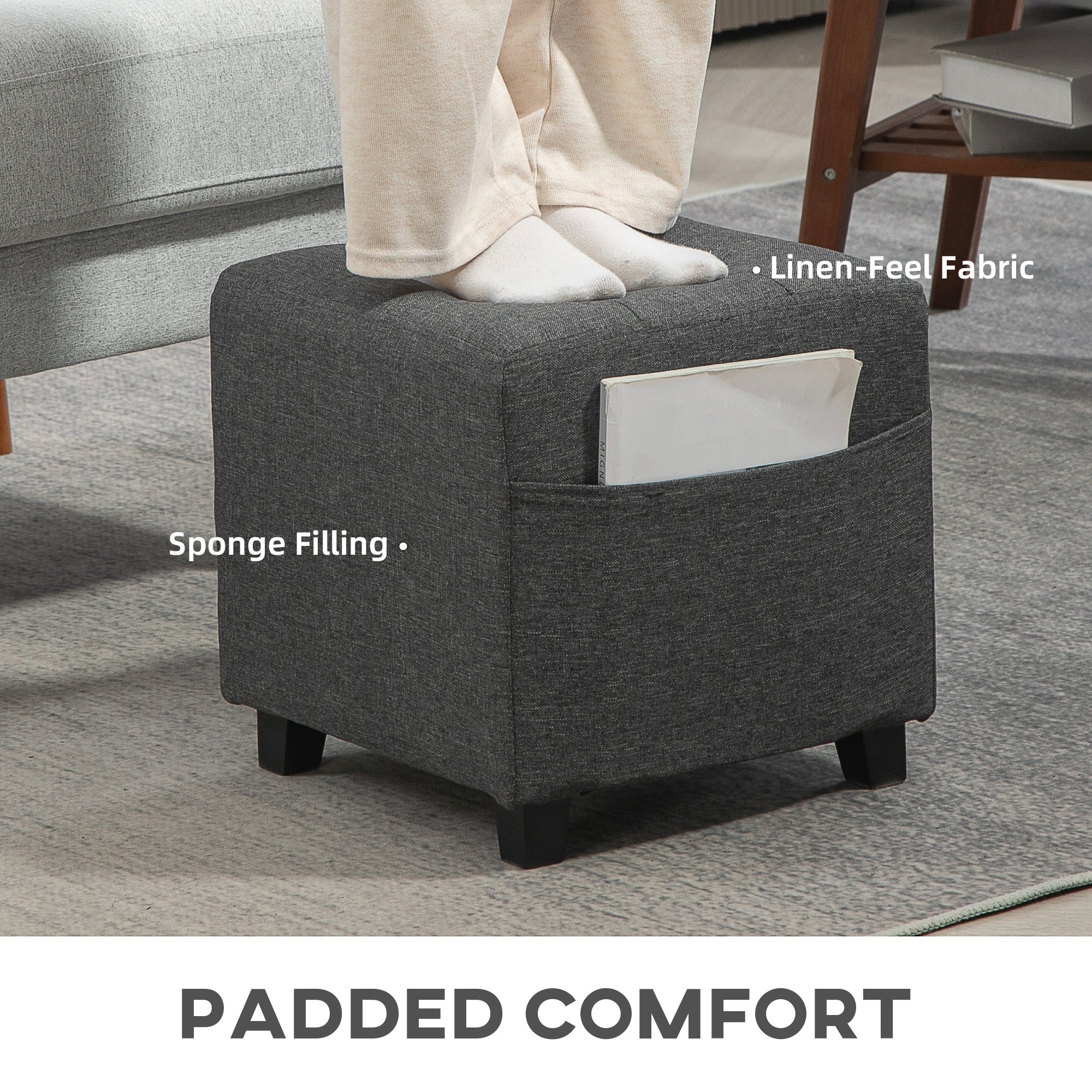 Square Footstool, Small Ottoman with Side Pocket, Linen Fabric Footrest with Rubber Wood Legs and Padded Seat for Living Room, Bedroom, Entryway, 35 x 35 x 35cm, Grey