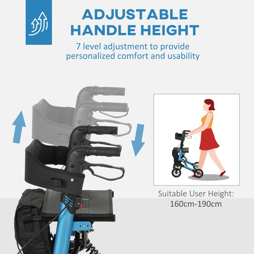 Folding Rollator Walker with Seat, Backrest, Bag, 4 Wheels