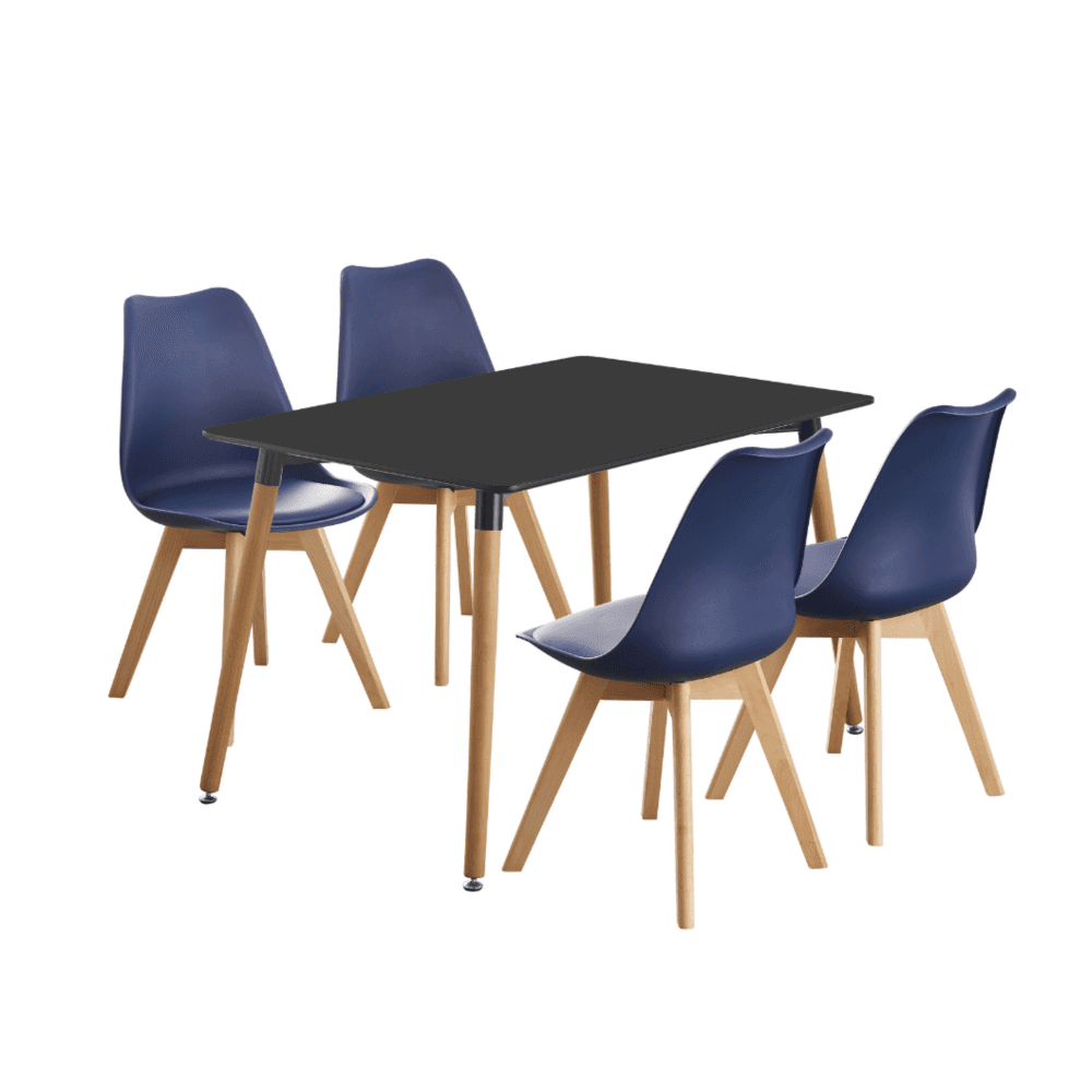 Black Halo Dining Table & Set of 4 Jamie Lorenzo Tulip chairs with Padded Seat Royal Blue