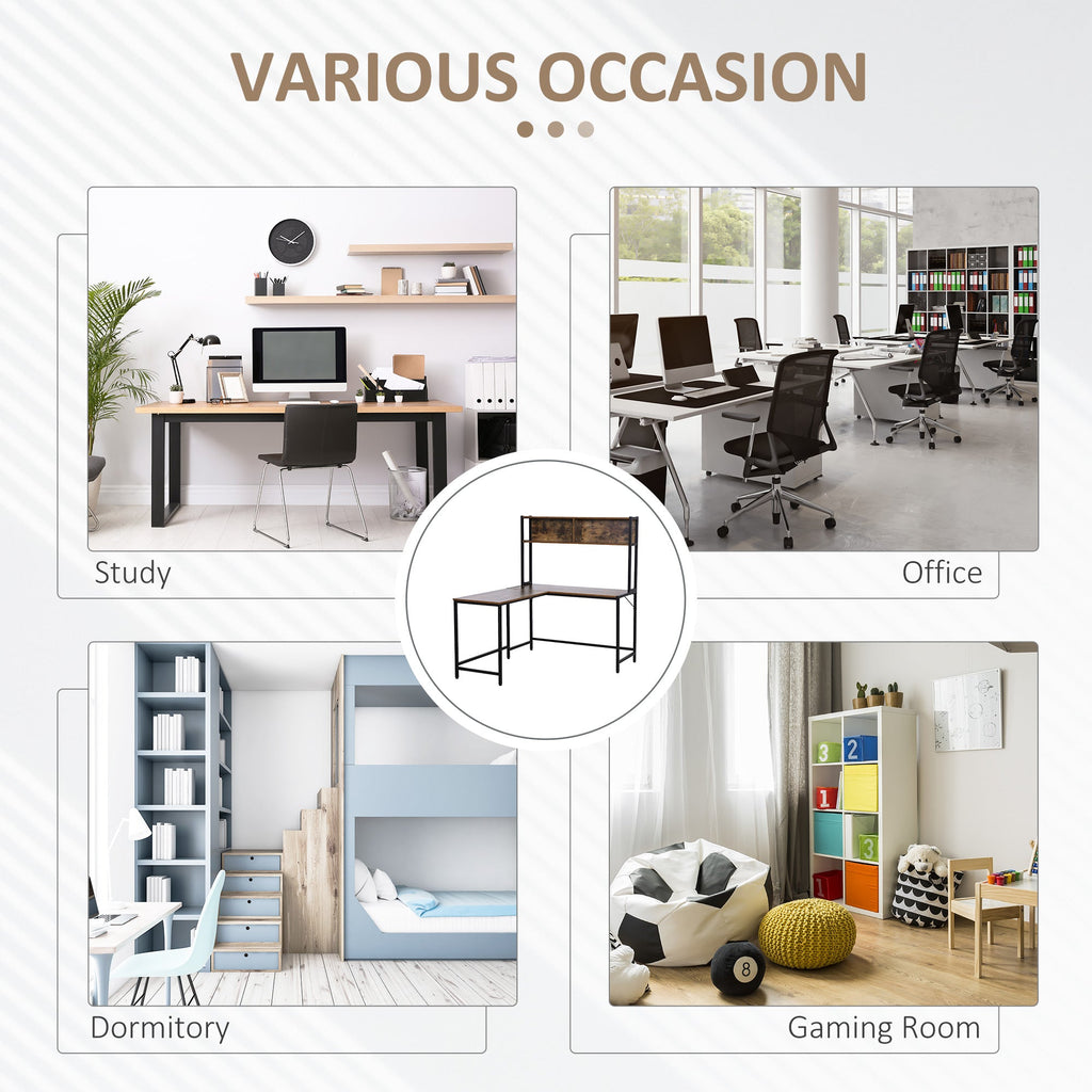 Reversible L Shaped Desk with Hutch, Industrial Computer Desk, Corner Desk with Storage Compartments and Steel Frame for Home Office, Study, 140 x 125cm, Brown