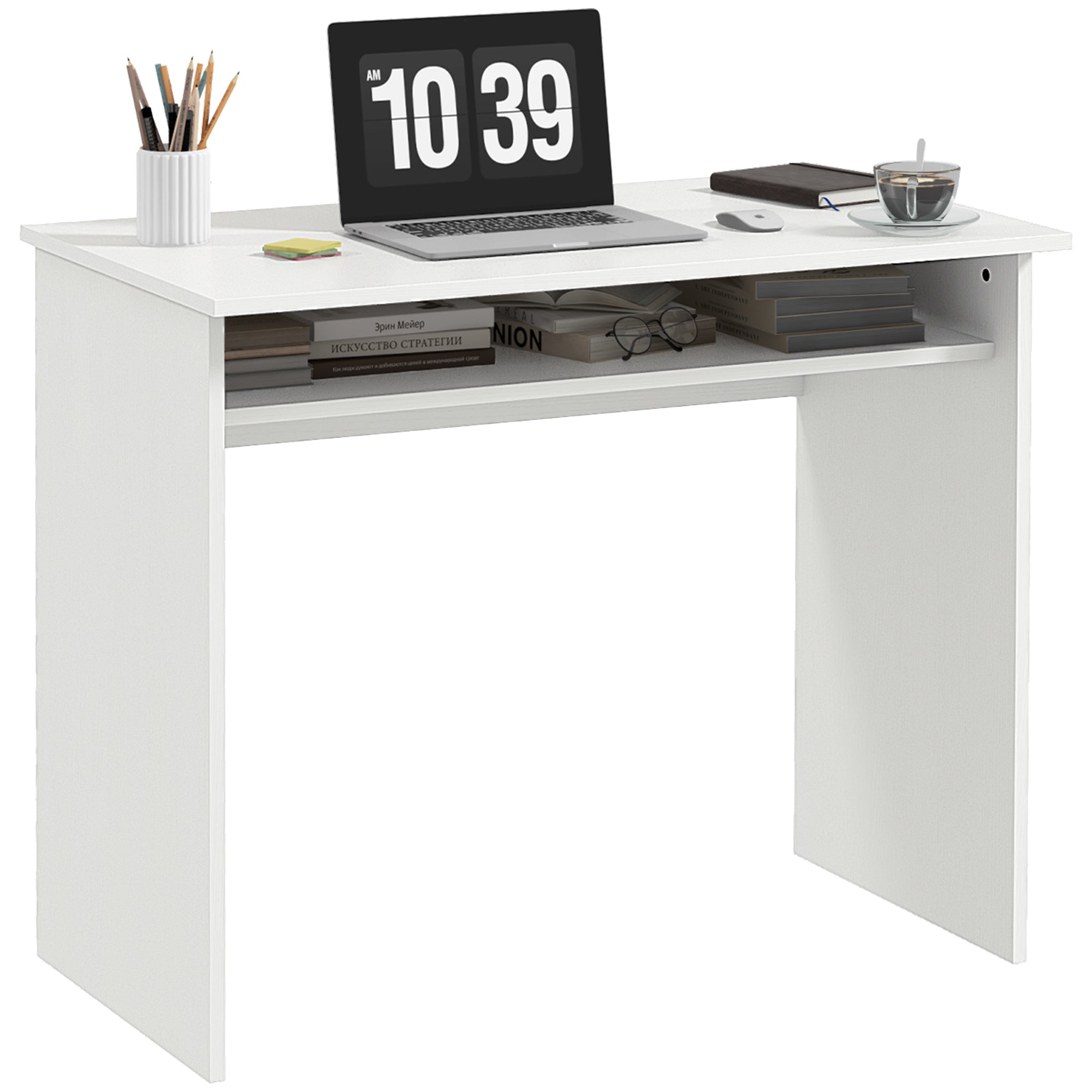Modern Computer Desk, Home Office Table, Small Writing Desk with Storage Shelf, 90 x 50cm, White Wood Grain White