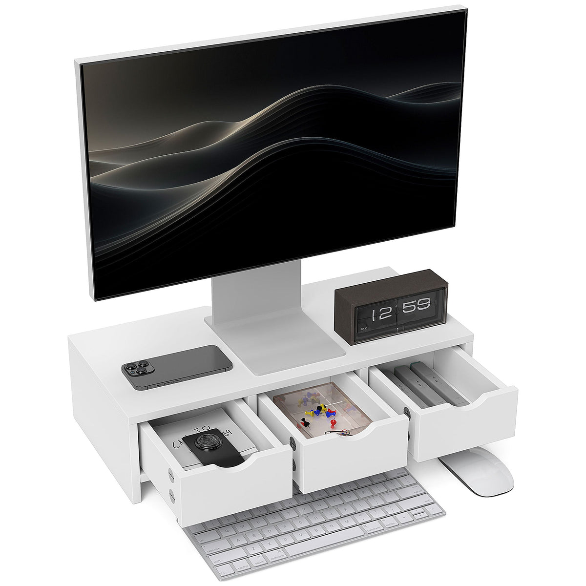 Monitor Stand Riser with 3 Drawers for Laptop, Computer, PC, White