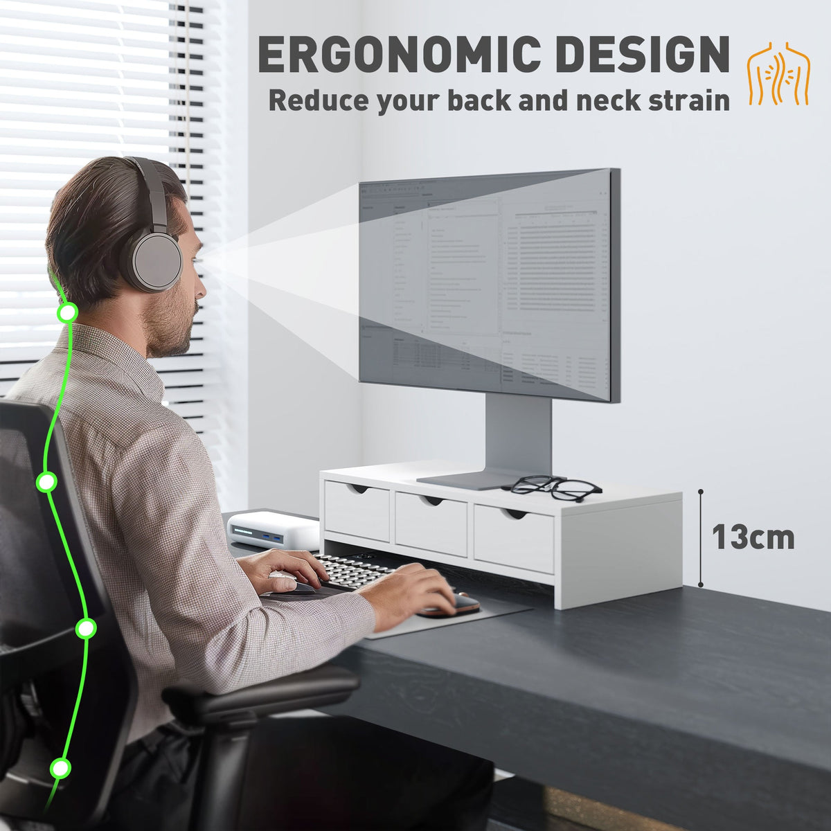 Monitor Stand Riser with 3 Drawers for Laptop, Computer, PC, White