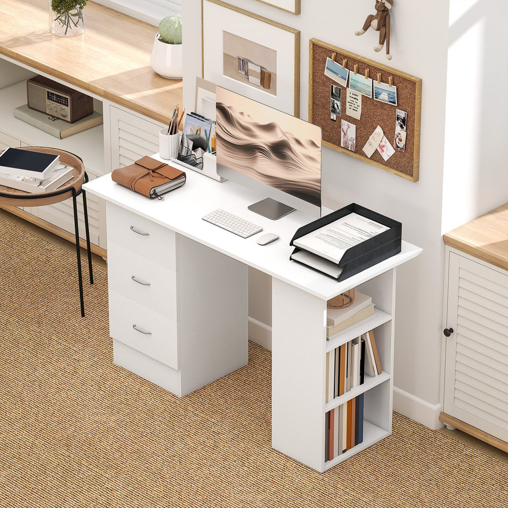 Computer Desk, Writing Table, PC Workstation with 3 Storage Shelves and Drawers, Silver Handle, for Home Office, White