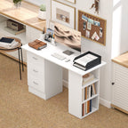 Computer Desk, Writing Table, PC Workstation with 3 Storage Shelves and Drawers, Silver Handle, for Home Office, White