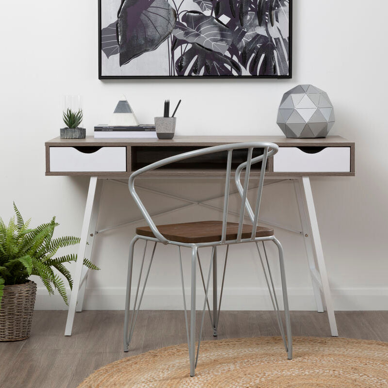 Light Oak Veneer and White 2 Drawer Desk with Metal Frame