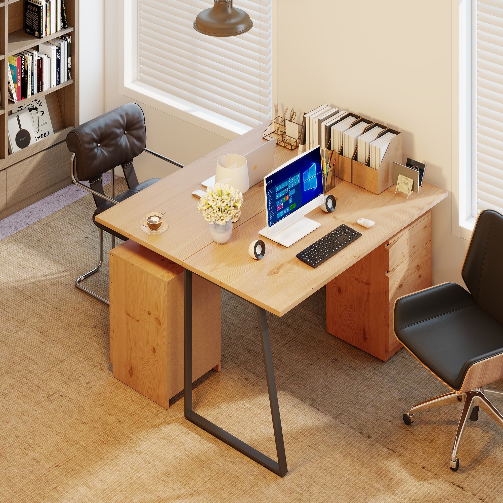 Computer Desk, Writing Desk with Cabinet, Drawer, Metal Legs, Work Table for Home Office Study, Natural Wood Finish