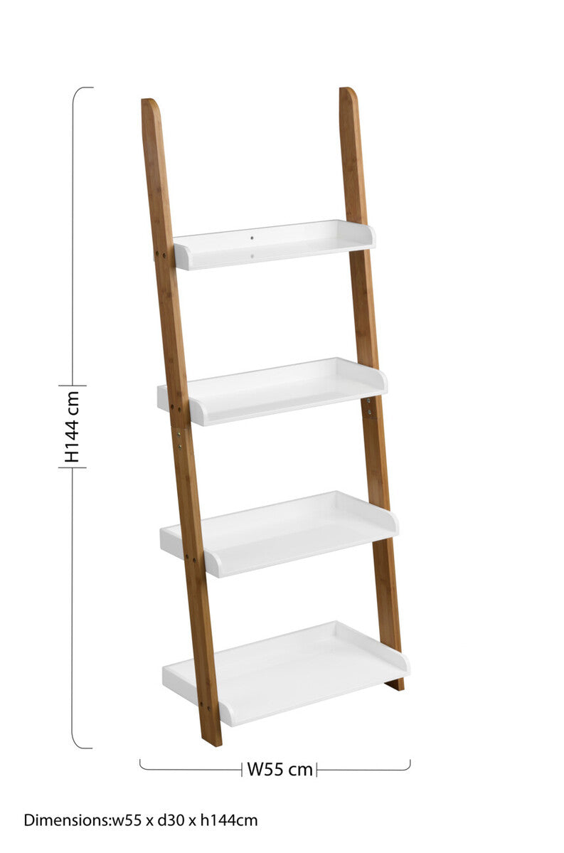 White Gloss and Bamboo 4 Tier Ladder Shelf Unit