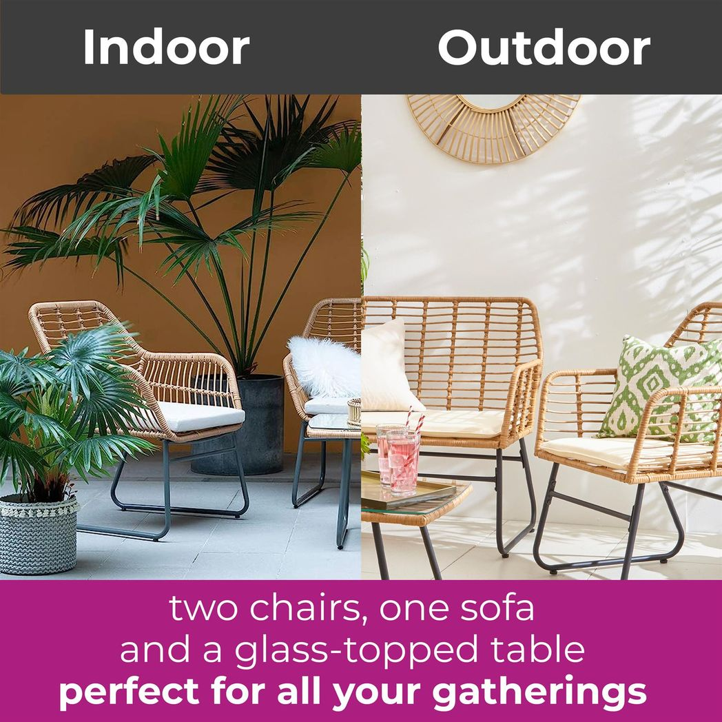 4 Piece Wicker Bamboo Style Garden Sofa, Table & Chairs Set