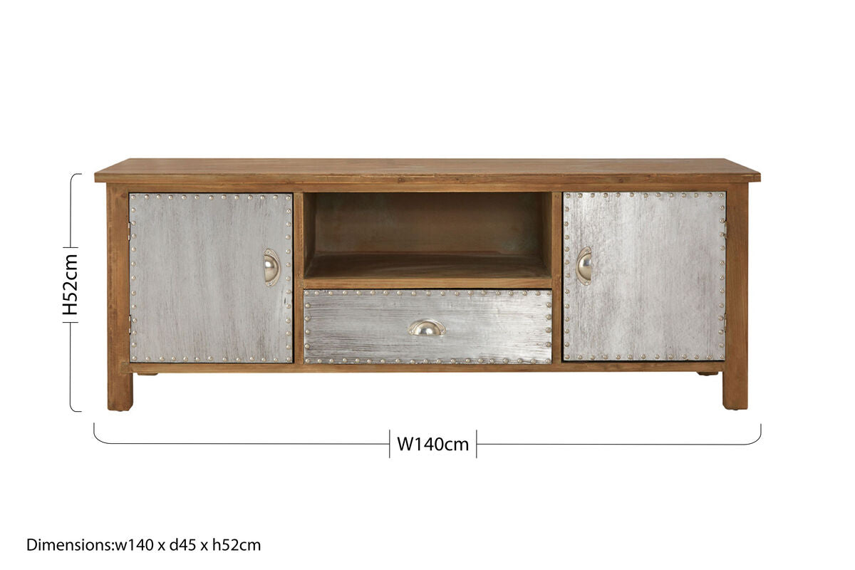 Metal and Wooden Media Unit with 2 Doors and 1 Drawer