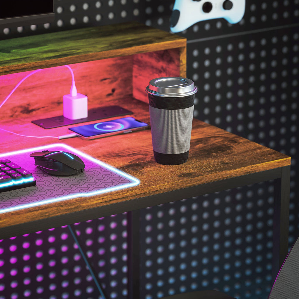 120cm Computer Desk with LED Lights and Power Outlets, Gaming Desk with Monitor Stand, Rustic Brown