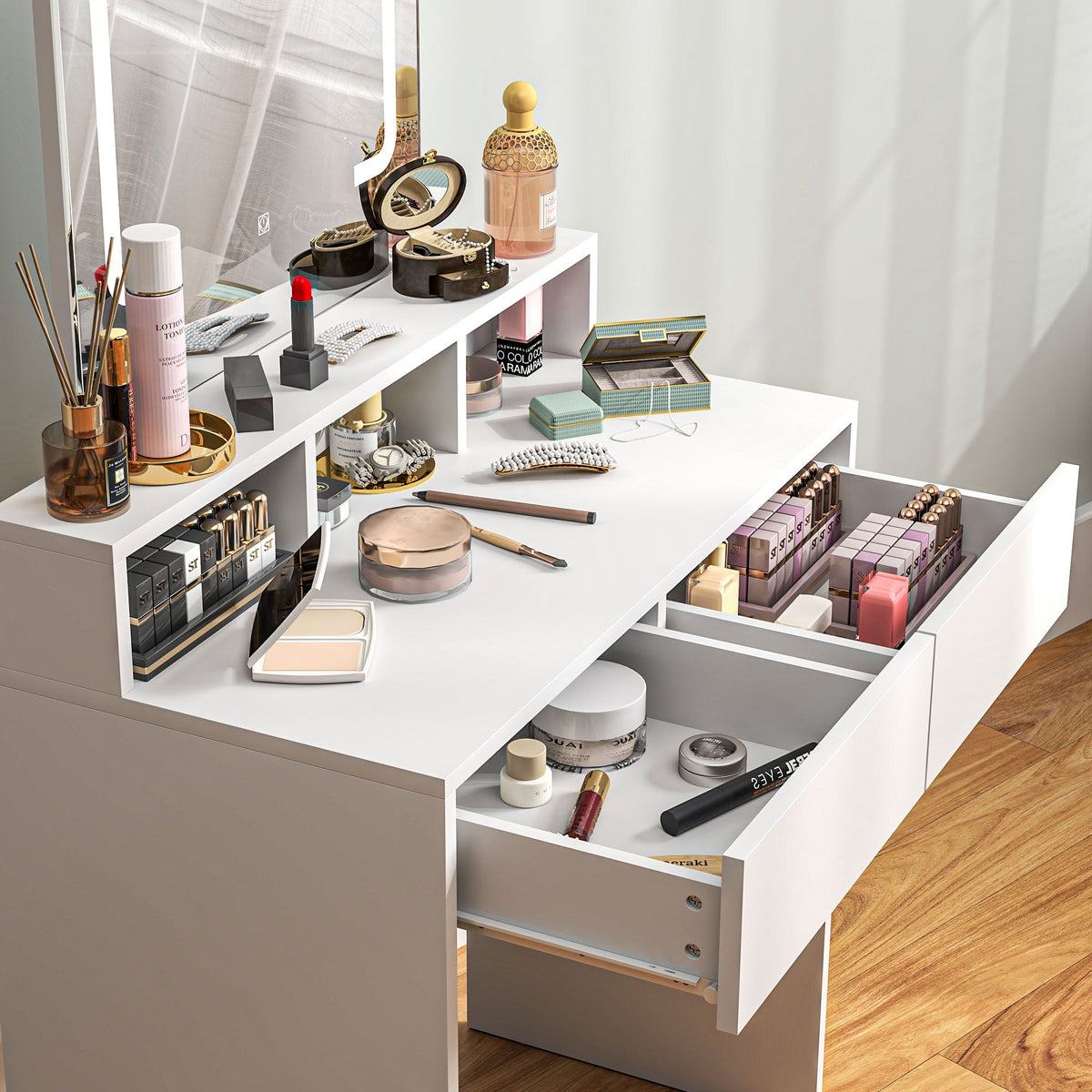 Dressing Table with Mirror, LED Lights, Drawers, for Bedroom, White