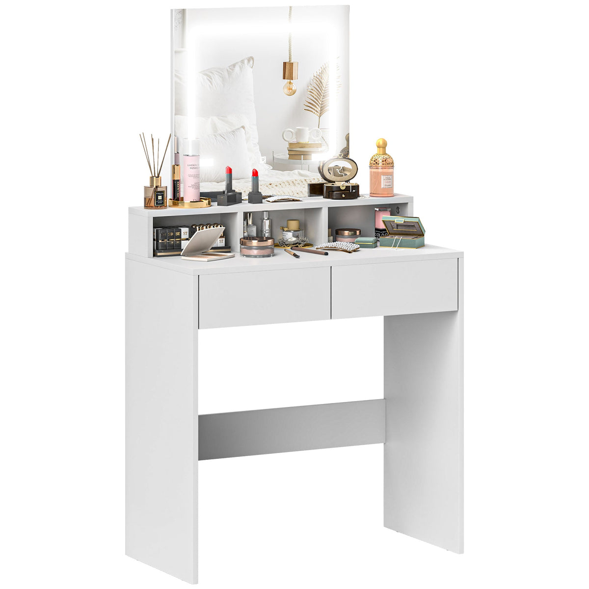Dressing Table with Mirror, LED Lights, Drawers, for Bedroom, White