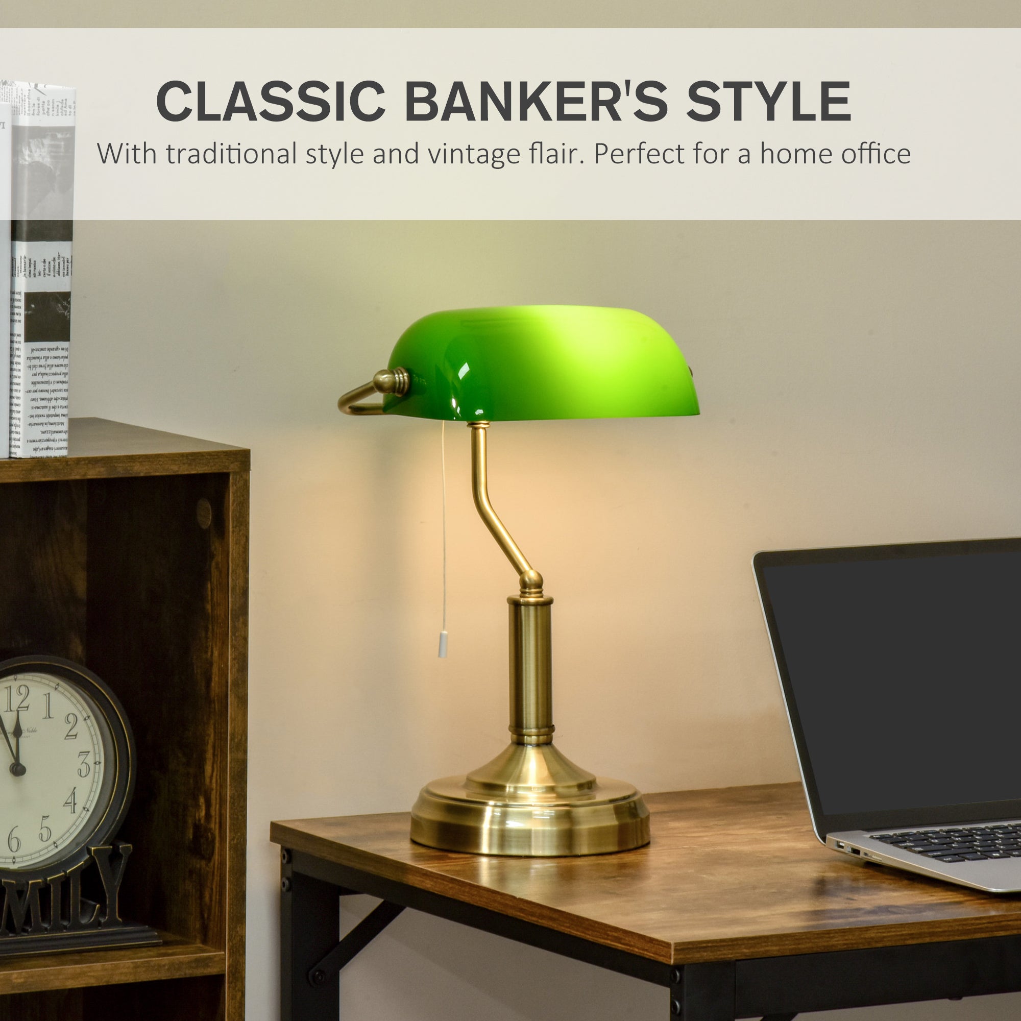 Banker's Table Lamps Set of 2, Desk Lamps with Antique Bronze Tone Base, Green Glass Shade and Pull Rope Switch for Home Office, Living Room, Bedroom, Dining Room, Green