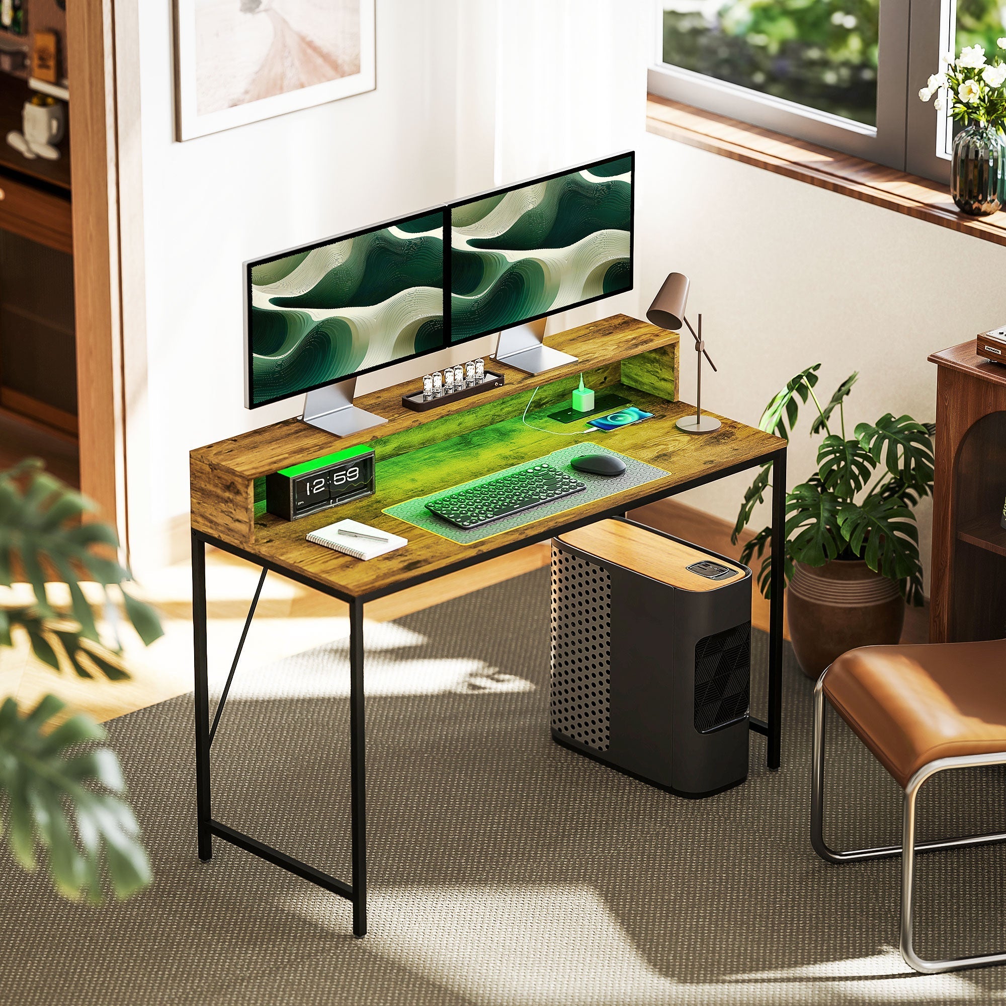 120cm Computer Desk with LED Lights and Power Outlets, Gaming Desk with Monitor Stand, Rustic Brown