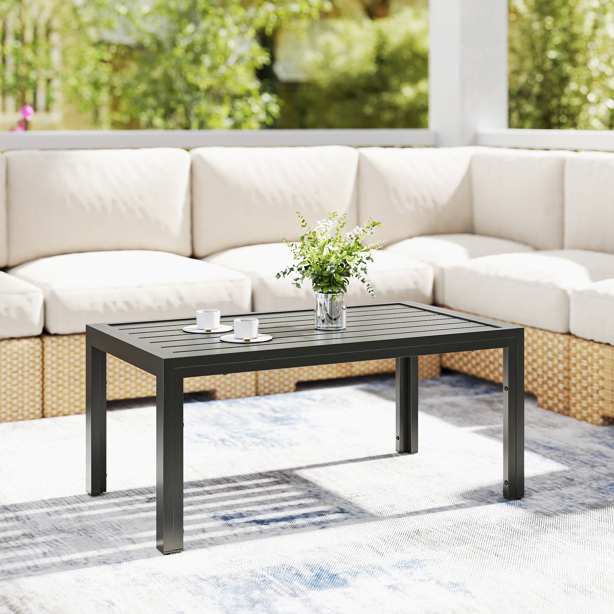 Outdoor Side Table, Rectangular Patio Coffee Side Table with Steel Frame and Slat Tabletop for Garden, Balcony, Grey