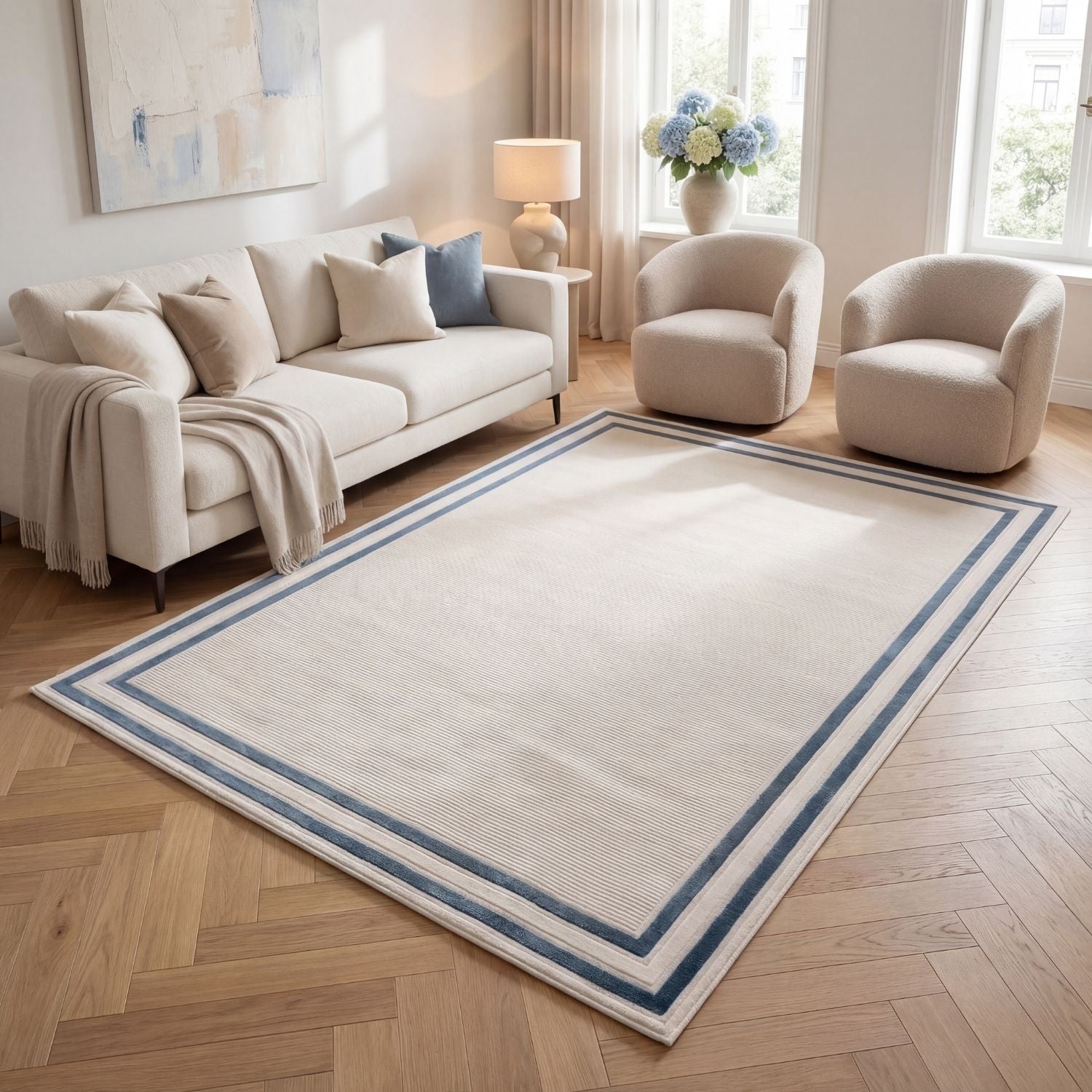 Carmel Cream-Blue Bordered Rug