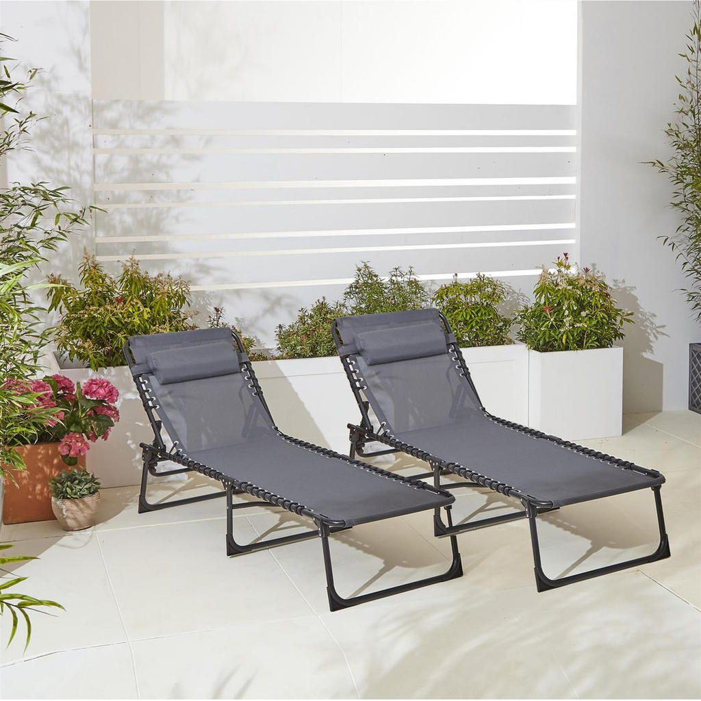 Two Grey Outdoor Folding Sun Loungers