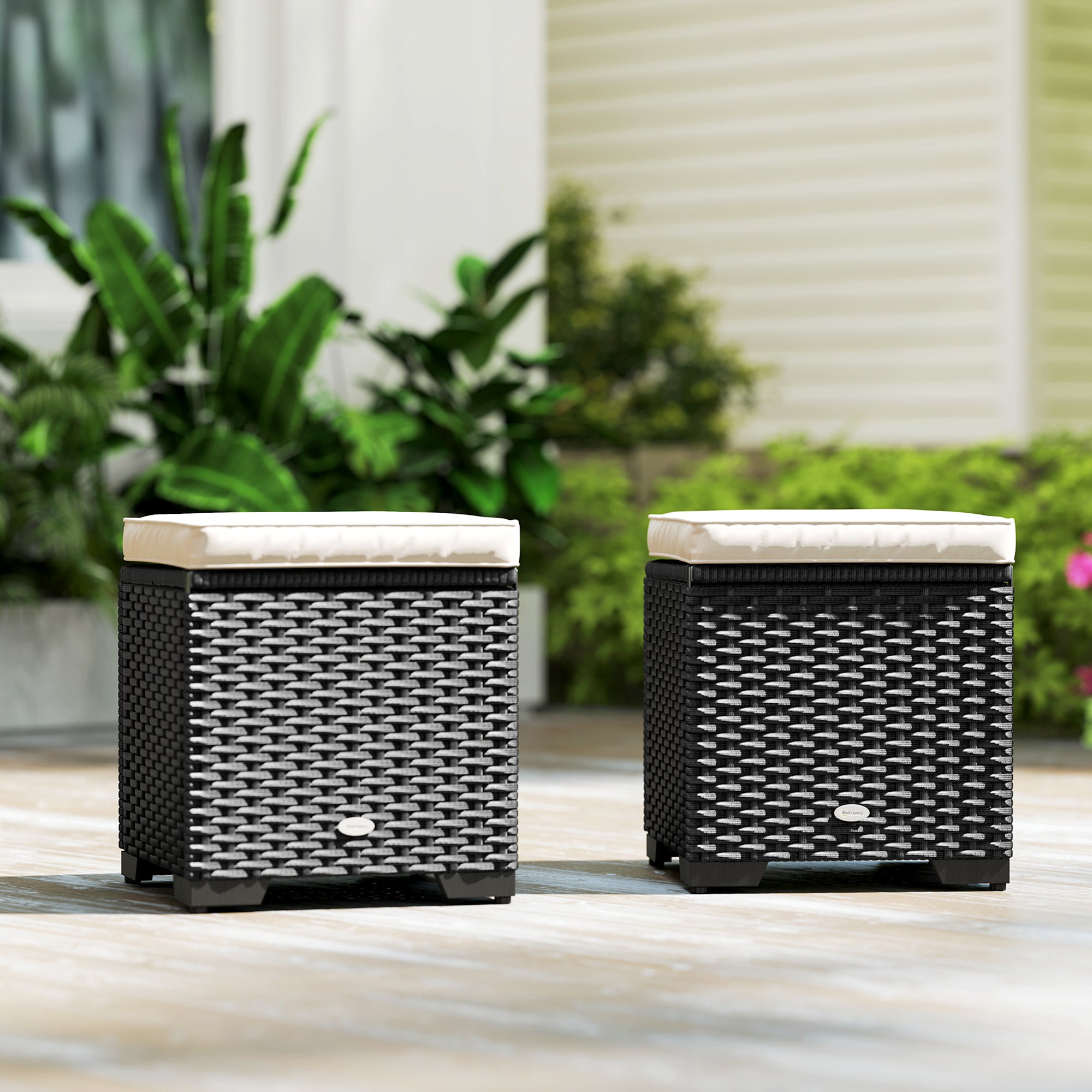 Set of 2 Rattan Storage Ottoman, Outdoor Footstool with Removable Cushions, Cream