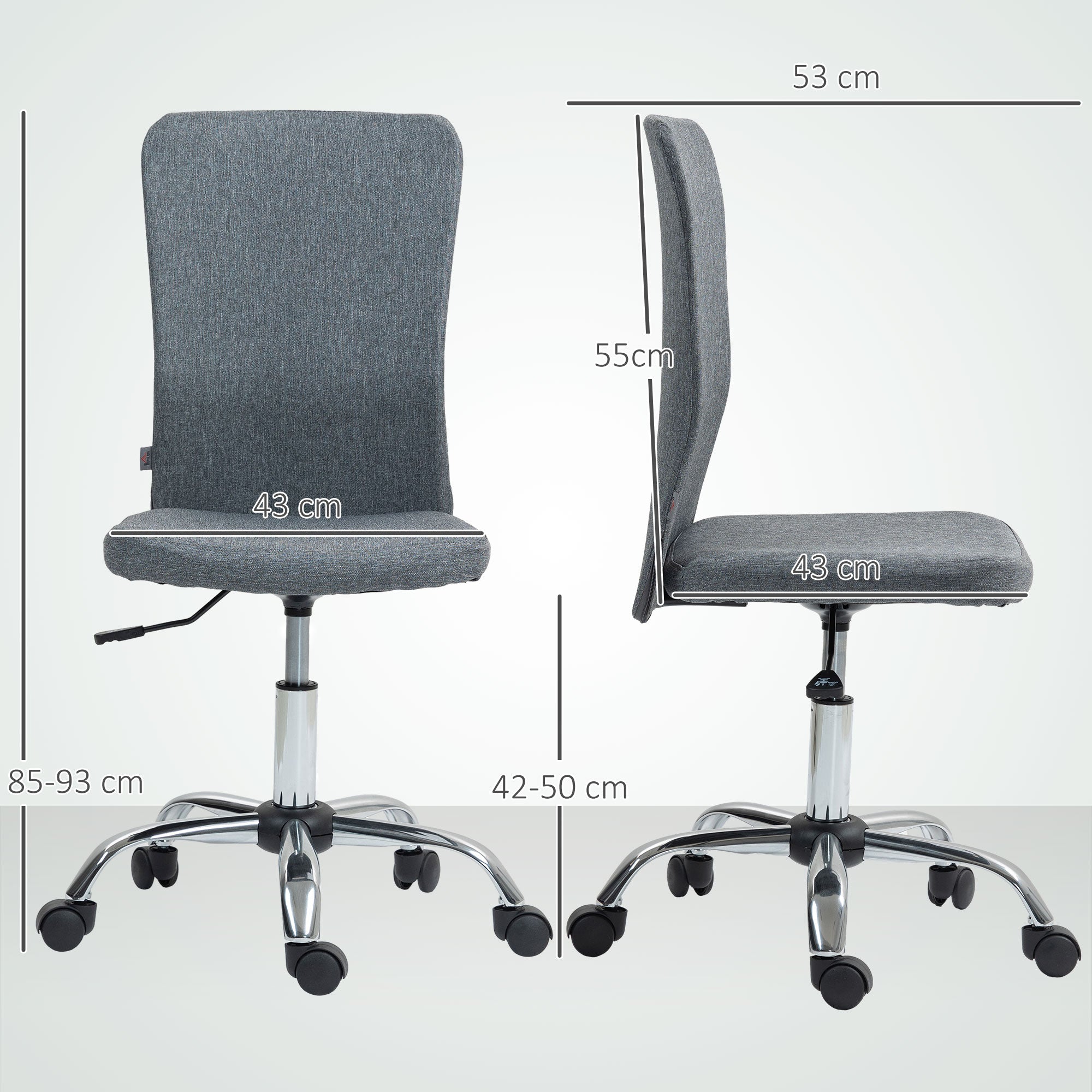 Armless Computer Desk Chair, Fabric Swivel Office Chair, Makeup Vanity Chair with Height Adjustable, Wheels, for Home Study Bedroom, Grey